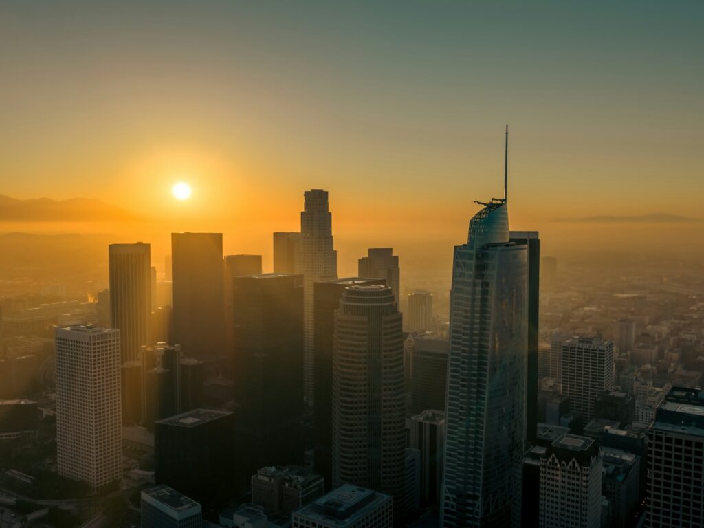 Downtown Los Angeles skyline at sunrise