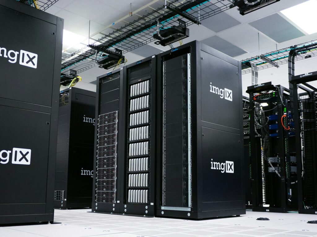Rows of server racks in a data center
